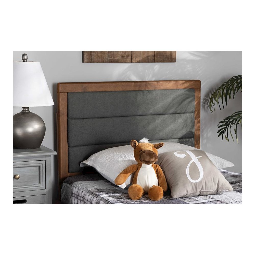 Dark Grey Fabric Upholstered and Walnut Brown Finished Wood Twin Size Headboard