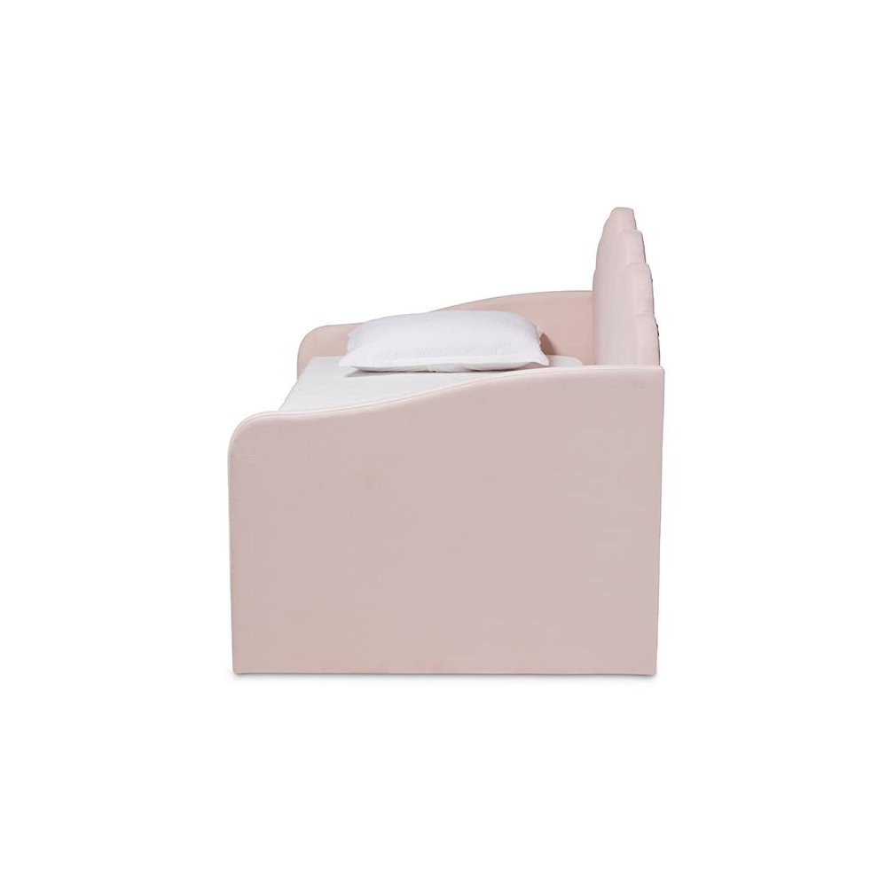 Light Pink Velvet Fabric Upholstered Twin Size Daybed with Trundle