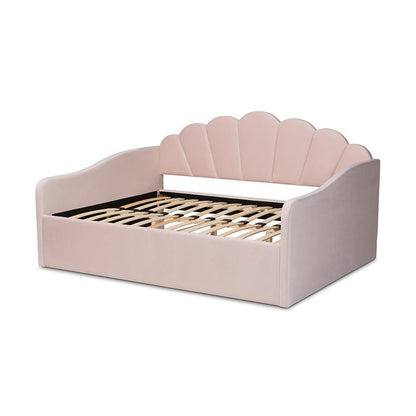 Light Pink Velvet Fabric Upholstered Queen Size Daybed