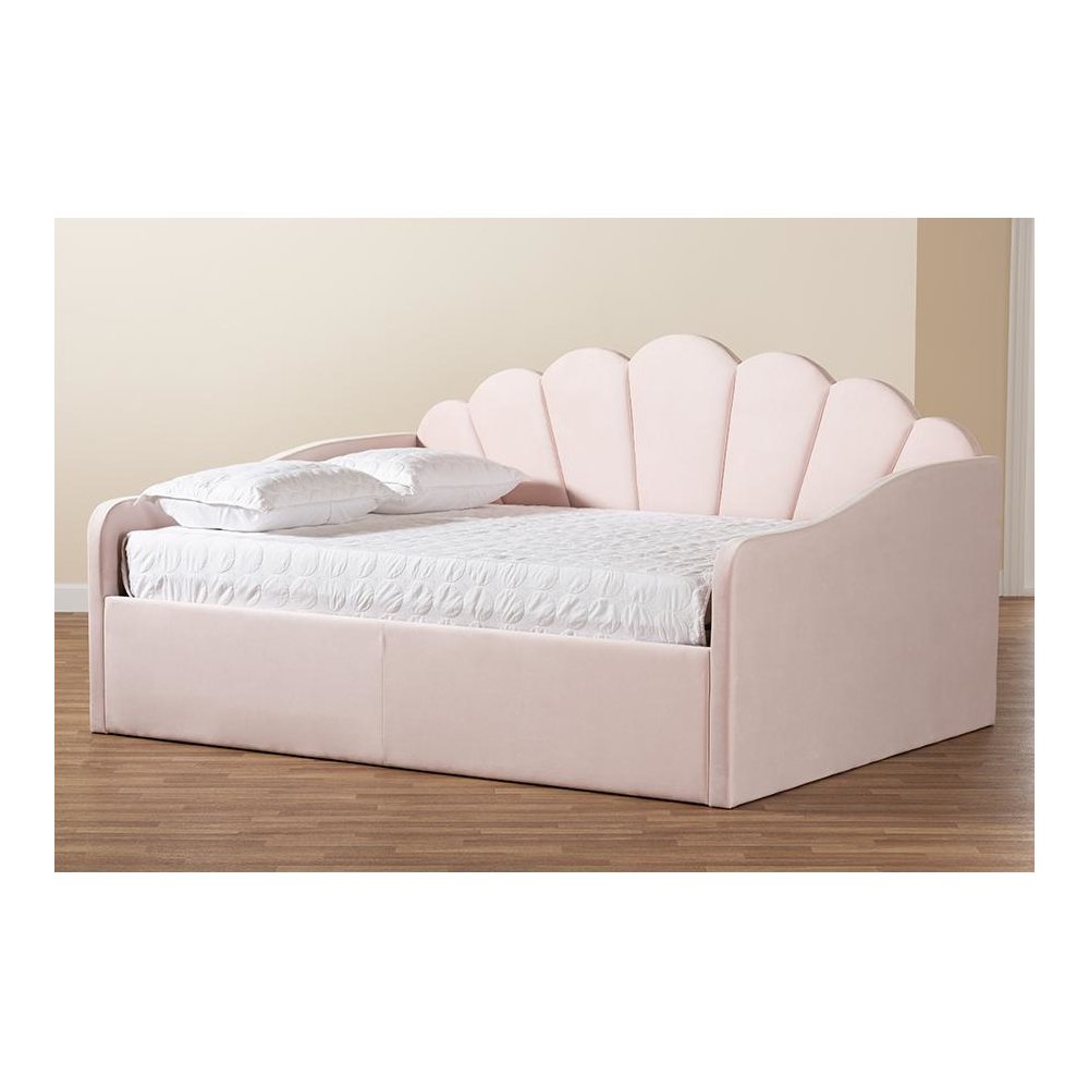 Light Pink Velvet Fabric Upholstered Queen Size Daybed