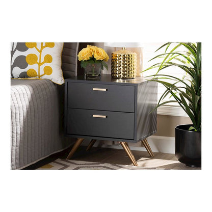 Dark Grey and Gold Finished Wood 2-Drawer Nightstand