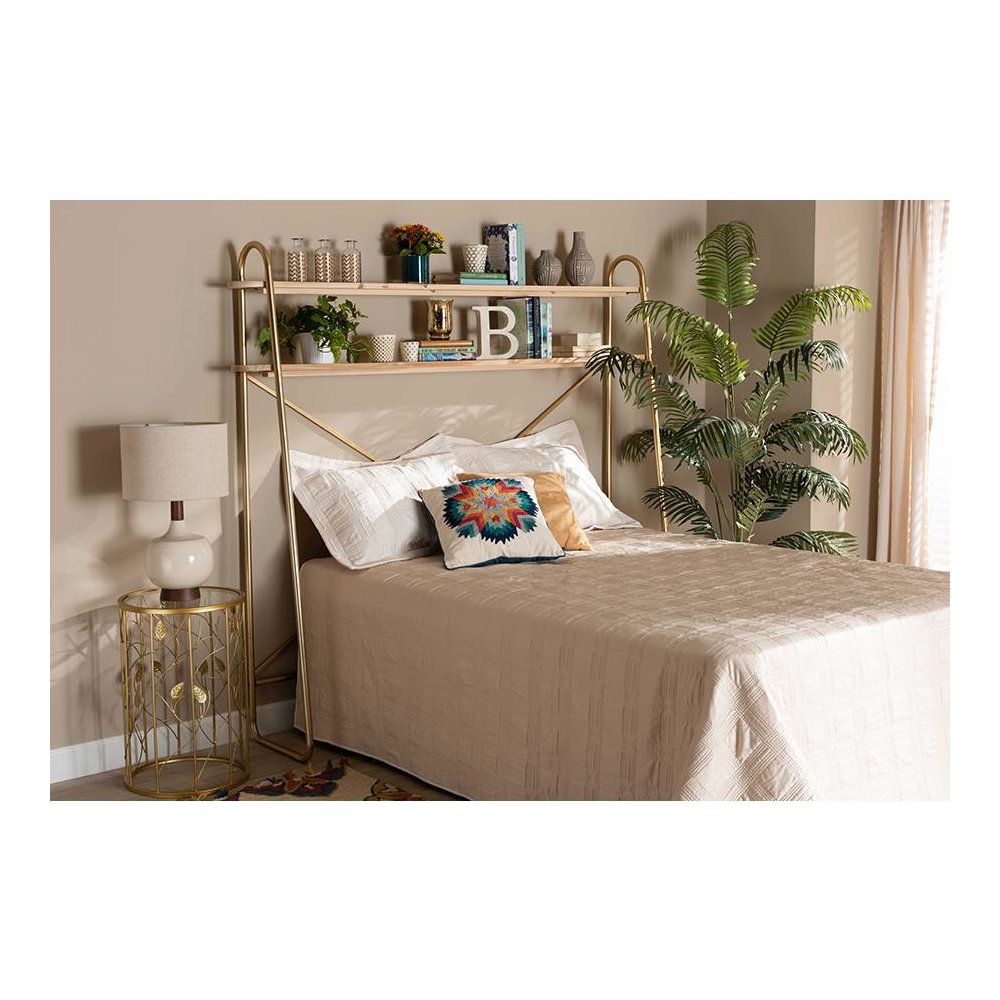 Natural Brown Finished Wood 2-Tier Over Bed Queen Size Storage Display Shelf
