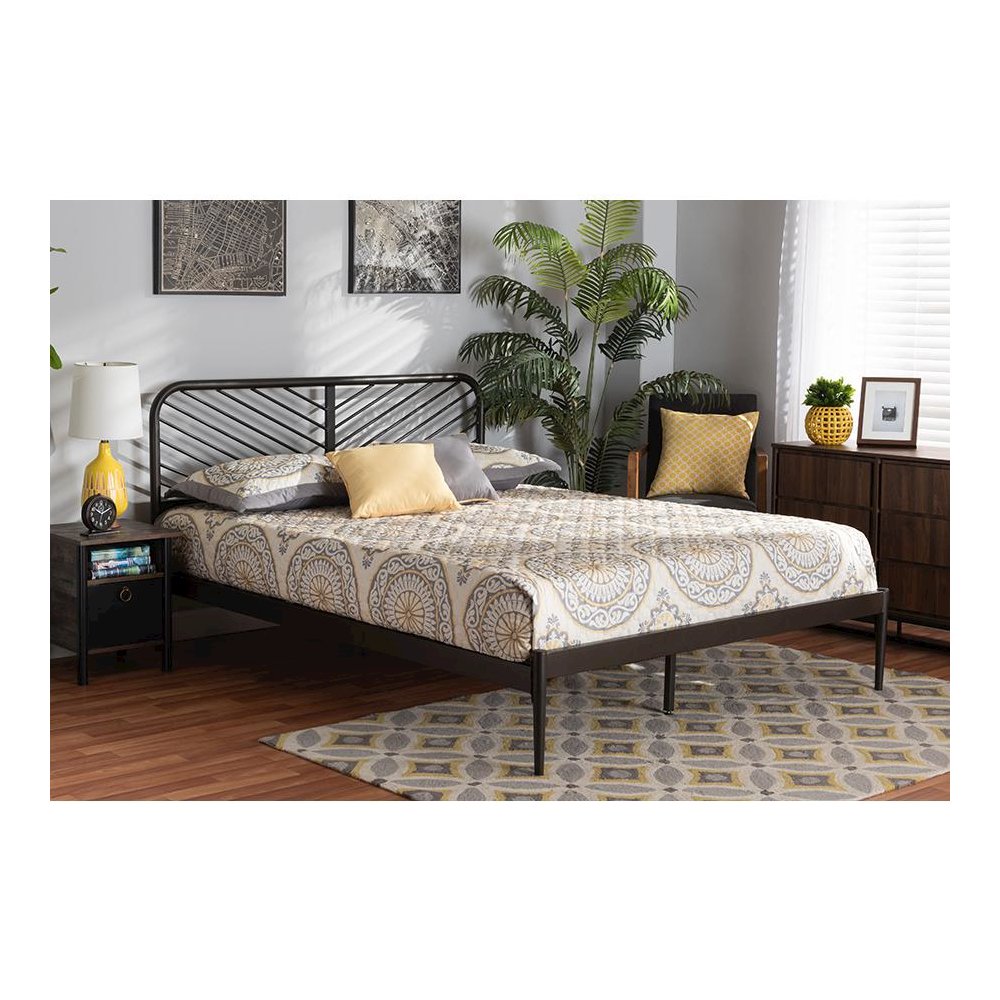 Industrial Black Bronze Metal Queen Size Platform Bed