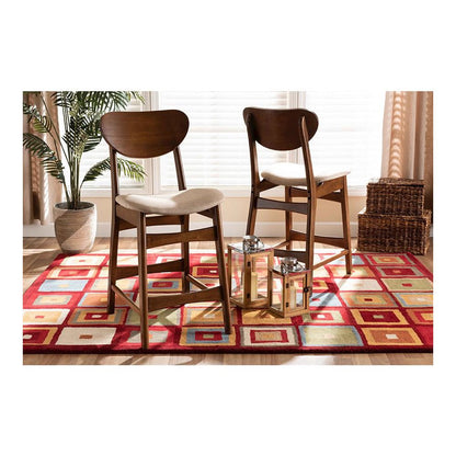 Sand Fabric Upholstered and Walnut Brown Finished Wood 2-Piece Counter Stool Set
