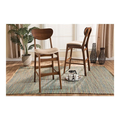Sand Fabric Upholstered and Walnut Brown Finished Wood 2-Piece Bar Stool Set