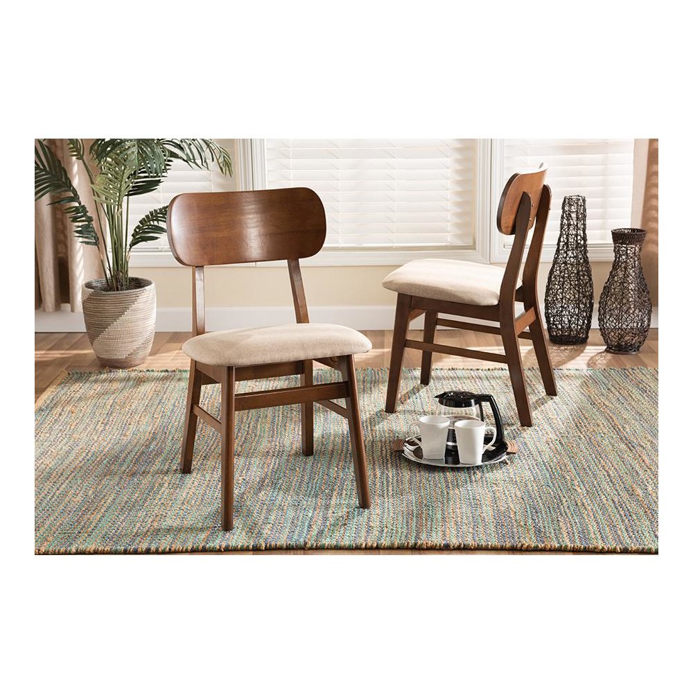 Sand Fabric Upholstered and Walnut Brown Finished Wood 2-Piece Dining Chair Set