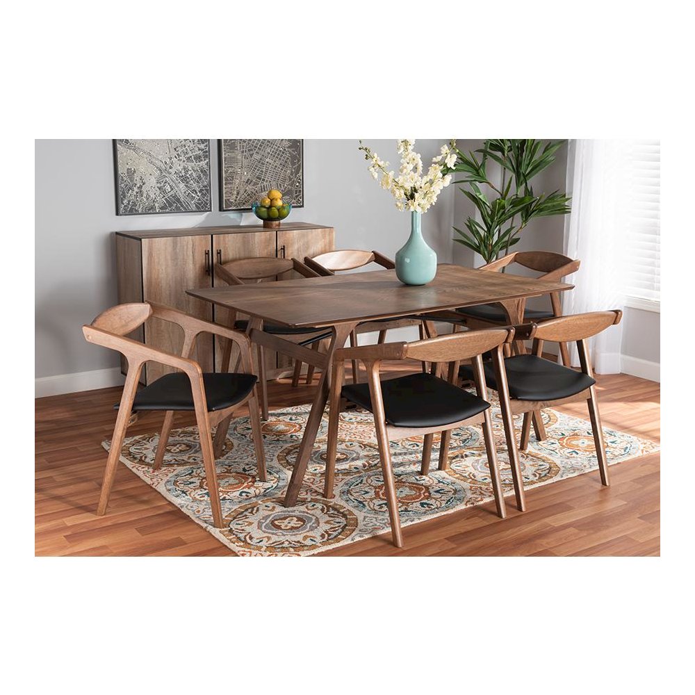 Leather Upholstered and Walnut Brown Finished Wood 7-Piece Dining Set