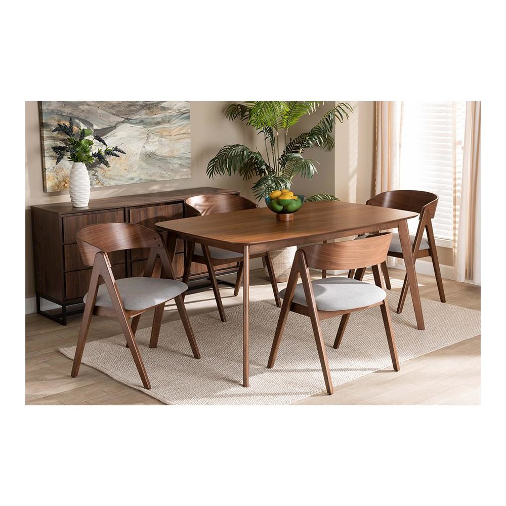 Grey Fabric Upholstered and Walnut Brown Finished Wood 5-Piece Dining Set