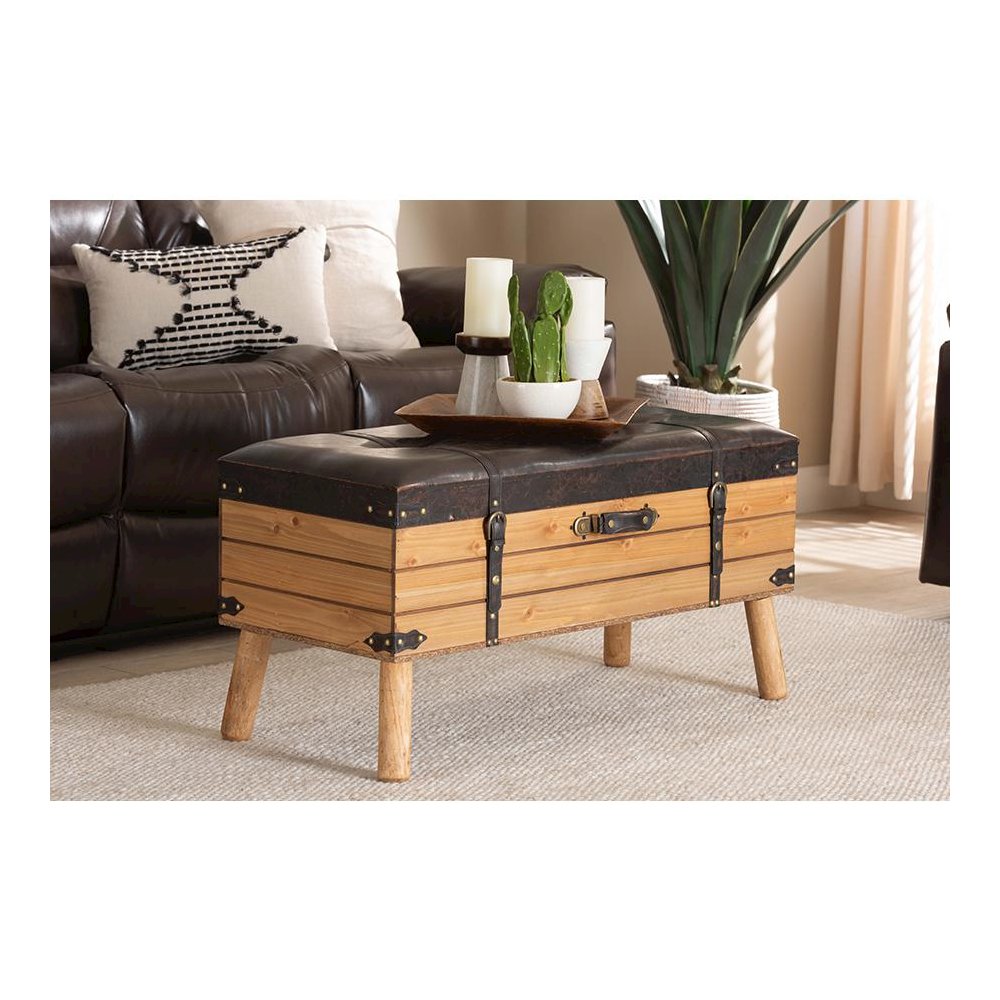Dark Brown PU Leather Upholstered and Oak Finished Wood Large Storage Ottoman