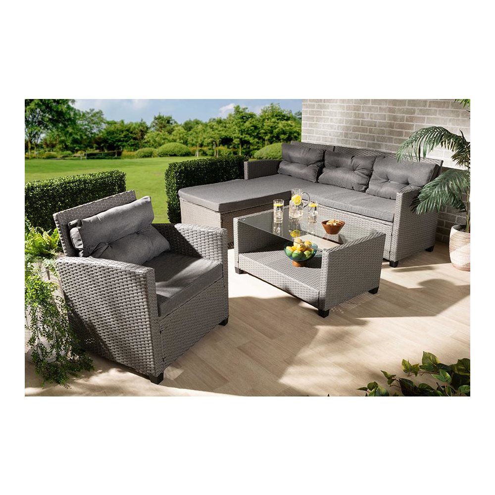 Grey Fabric Upholstered and Grey Synthetic Rattan 4-Piece Patio Set
