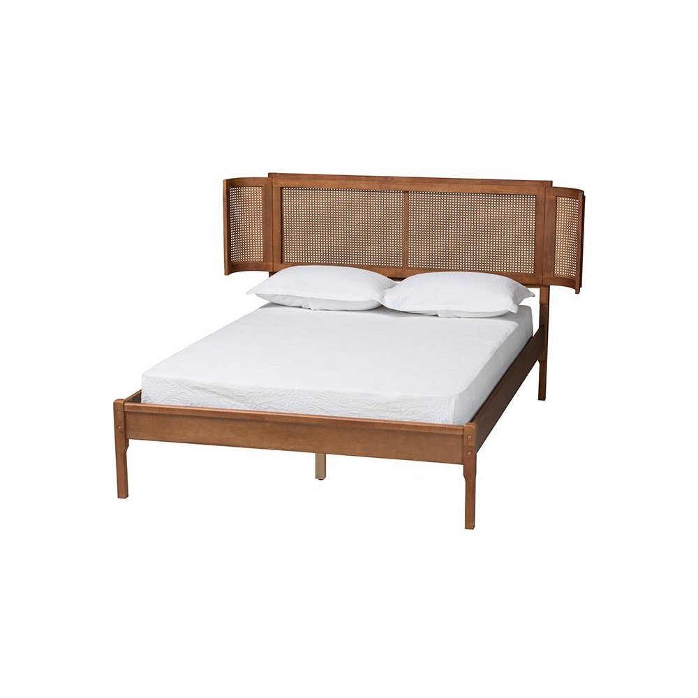 Walnut Brown Finished Wood and Natural Rattan Queen Size Platform Bed