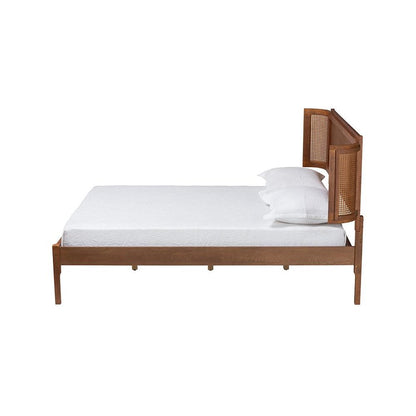 Walnut Brown Finished Wood and Natural Rattan Queen Size Platform Bed
