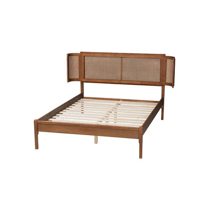 Walnut Brown Finished Wood and Natural Rattan Queen Size Platform Bed