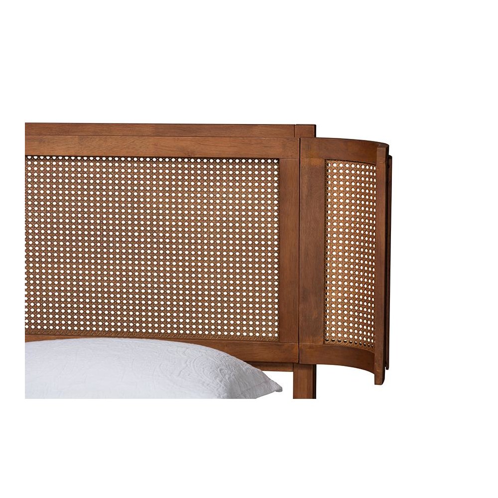 Walnut Brown Finished Wood and Natural Rattan Queen Size Platform Bed