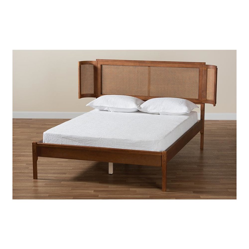 Walnut Brown Finished Wood and Natural Rattan Queen Size Platform Bed