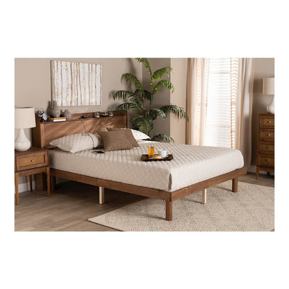 Walnut Brown Finished Wood Full Size Platform Bed with Charging Station