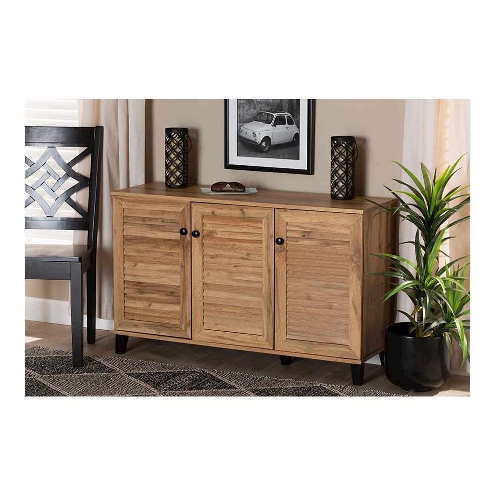 Oak Brown Finished Wood 3-Door Shoe Storage Cabinet
