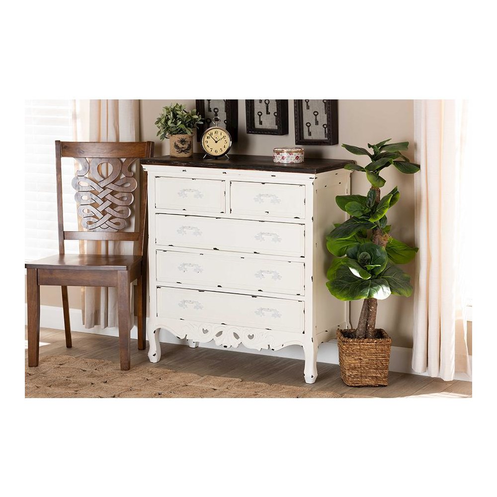 Antique White Finished Wood 5-Drawer Storage Cabinet