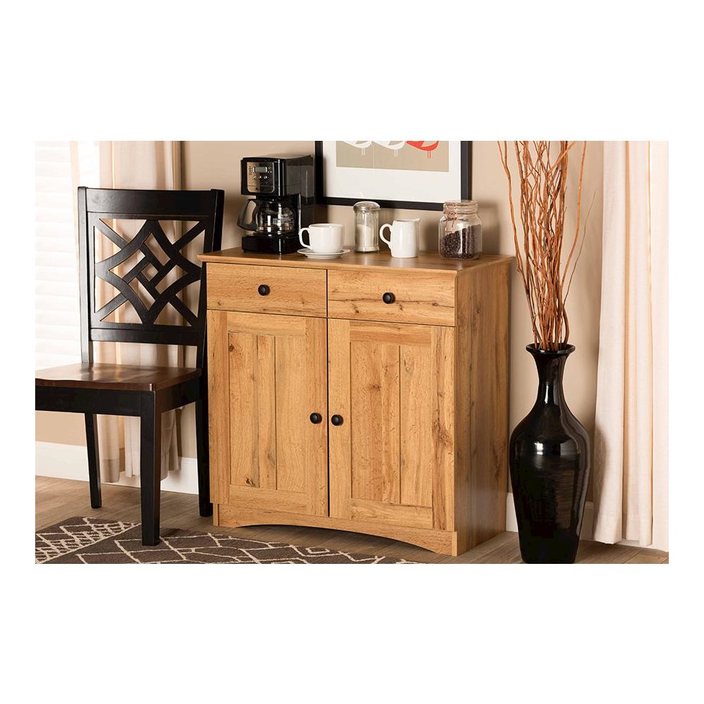 Oak Brown Finished Wood 2-Door Buffet Kitchen Cabinet