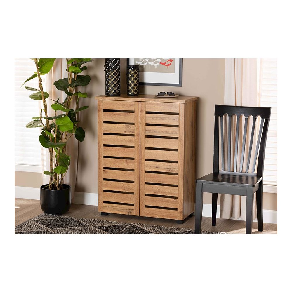 Oak Brown Finished Wood 2-Door Shoe Storage Cabinet