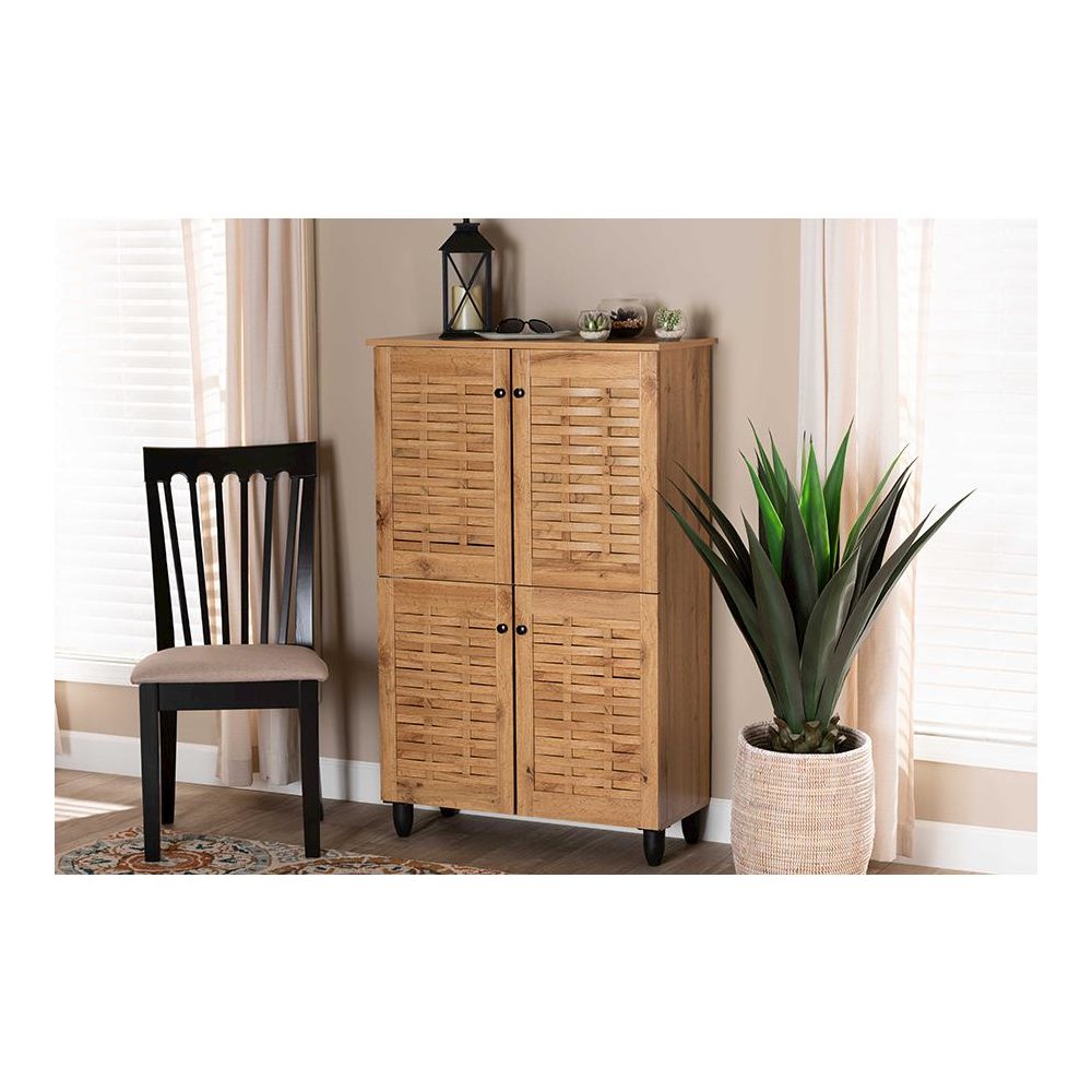 Oak Brown Finished Wood 4-Door Shoe Storage Cabinet