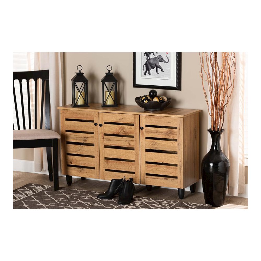 Oak Brown Finished Wood 3-Door Shoe Storage Cabinet