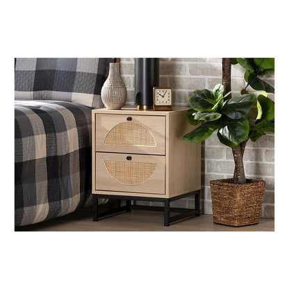 Black Metal 2-Drawer End Table with Natural Rattan