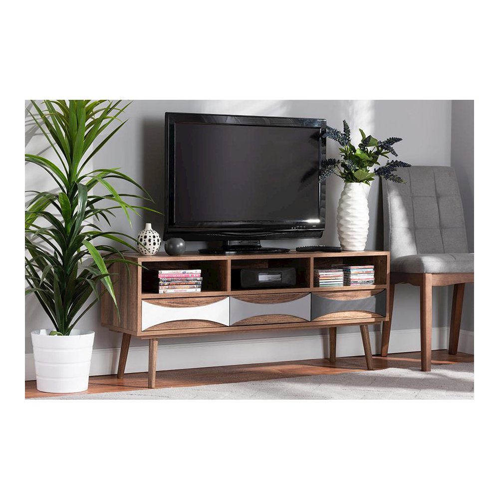 Natural Brown Finished and Multi-Colored Wood 3-Drawer TV Stand