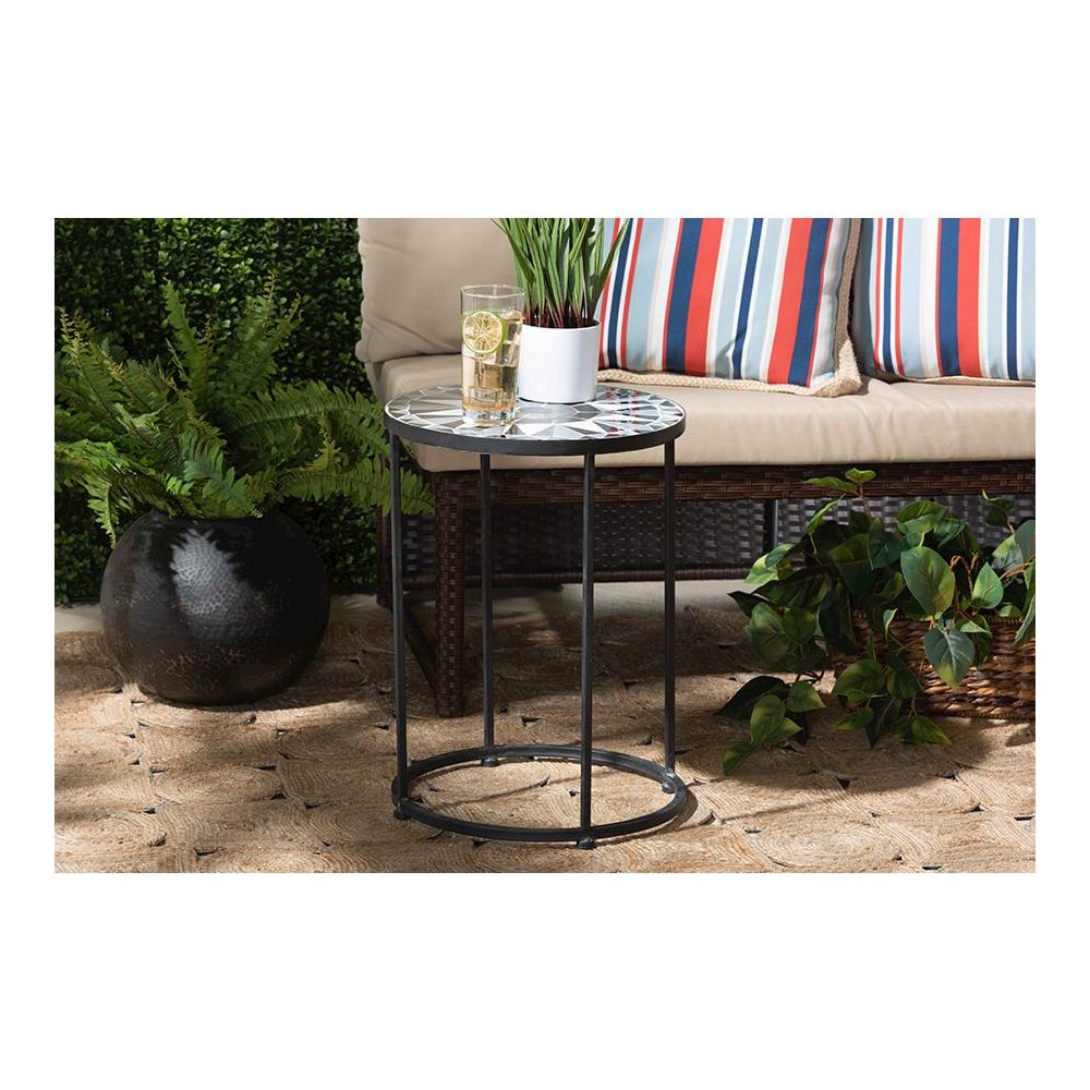 Multi-Colored Glass and Black Metal Outdoor Side Table
