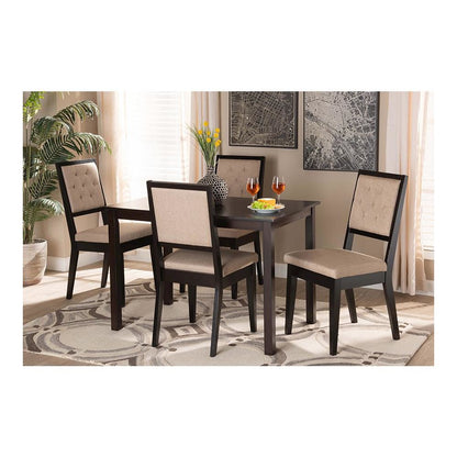 Sand Fabric Upholstered and Dark Brown Finished Wood 5-Piece Dining Set