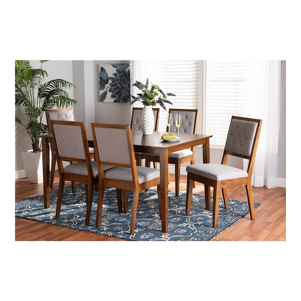 Grey Fabric Upholstered and Walnut Brown Finished Wood 7-Piece Dining Set