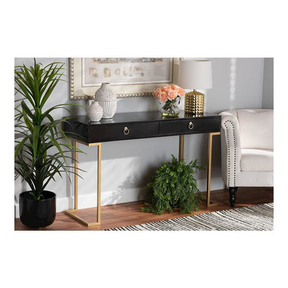 Black Finished Wood and Gold Metal 2-Drawer Console Table