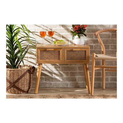 Oak Brown Finished Wood 2-Drawer Console Table with Rattan