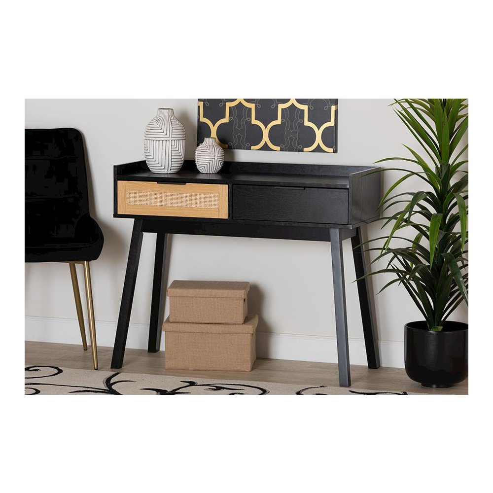 Two-Tone Espresso Brown and Natural Brown Finished Wood 2-Drawer Console Table
