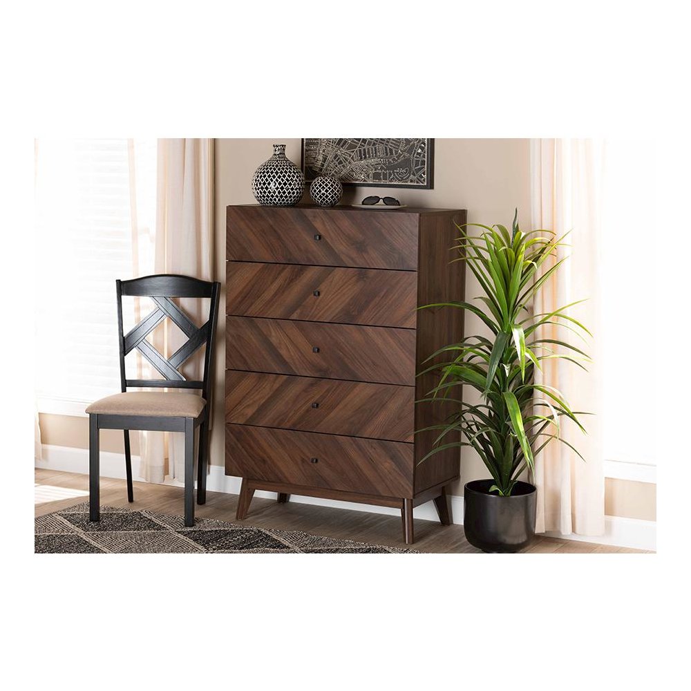 Hartman Mid-Century Modern Walnut Brown Finished Wood 5-Drawer Storage Chest
