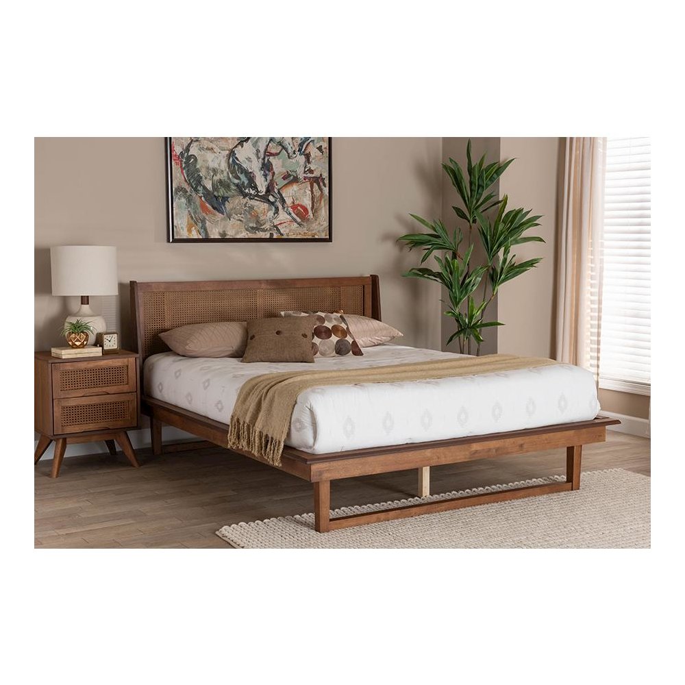 Aveena Mid-Century Modern Walnut Brown Finished Wood Queen Size Platform Bed