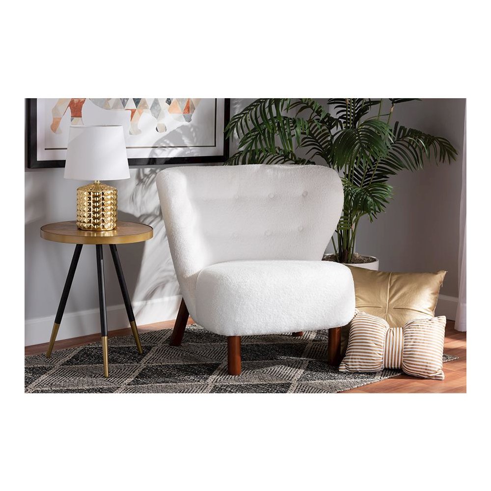 White Boucle Upholstered and Walnut Brown Finished Wood Accent Chair