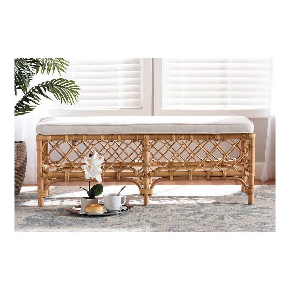 Bohemian White Fabric Upholstered and Natural Brown Rattan Bench