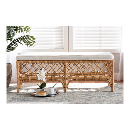 Bohemian White Fabric Upholstered and Natural Brown Rattan Bench