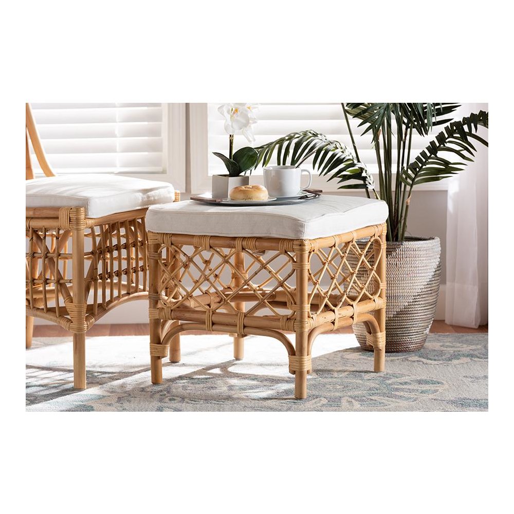 Bohemian White Fabric Upholstered and Natural Brown Rattan Ottoman