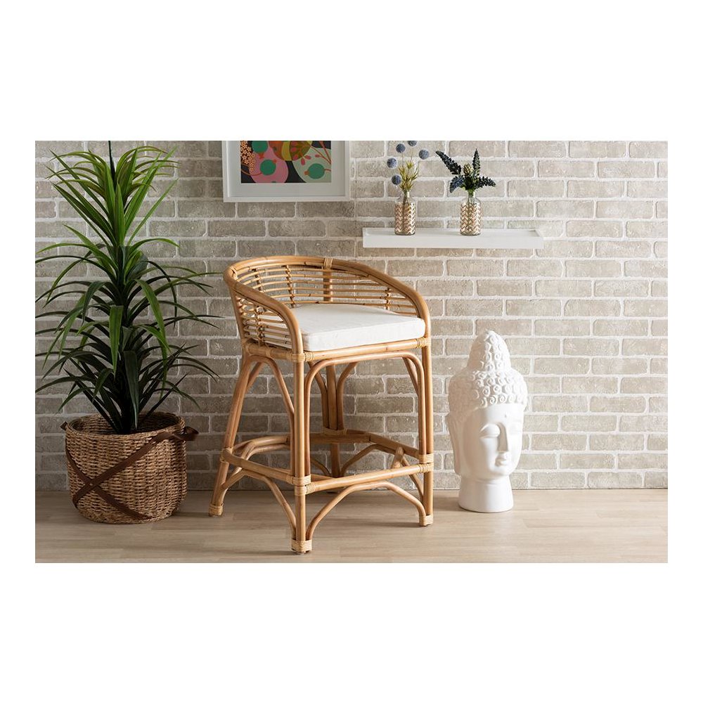 Bohemian White Fabric Upholstered and Natural Brown Rattan Counter Stool