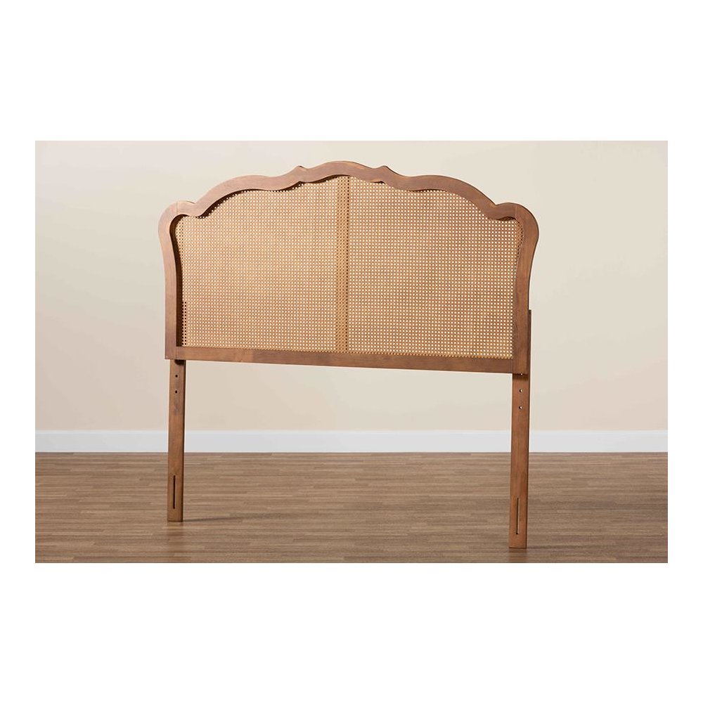 Traditional Ash Walnut Finished Wood Queen Size Headboard with Rattan