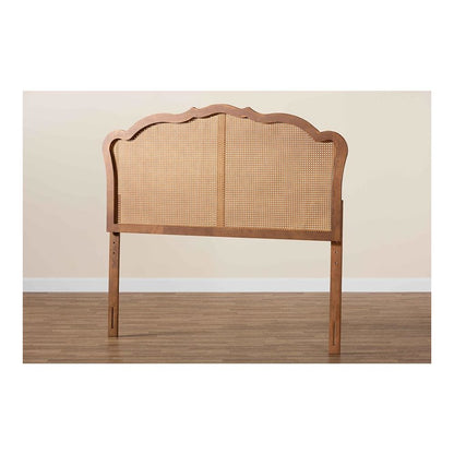 Traditional Ash Walnut Finished Wood Queen Size Headboard with Rattan