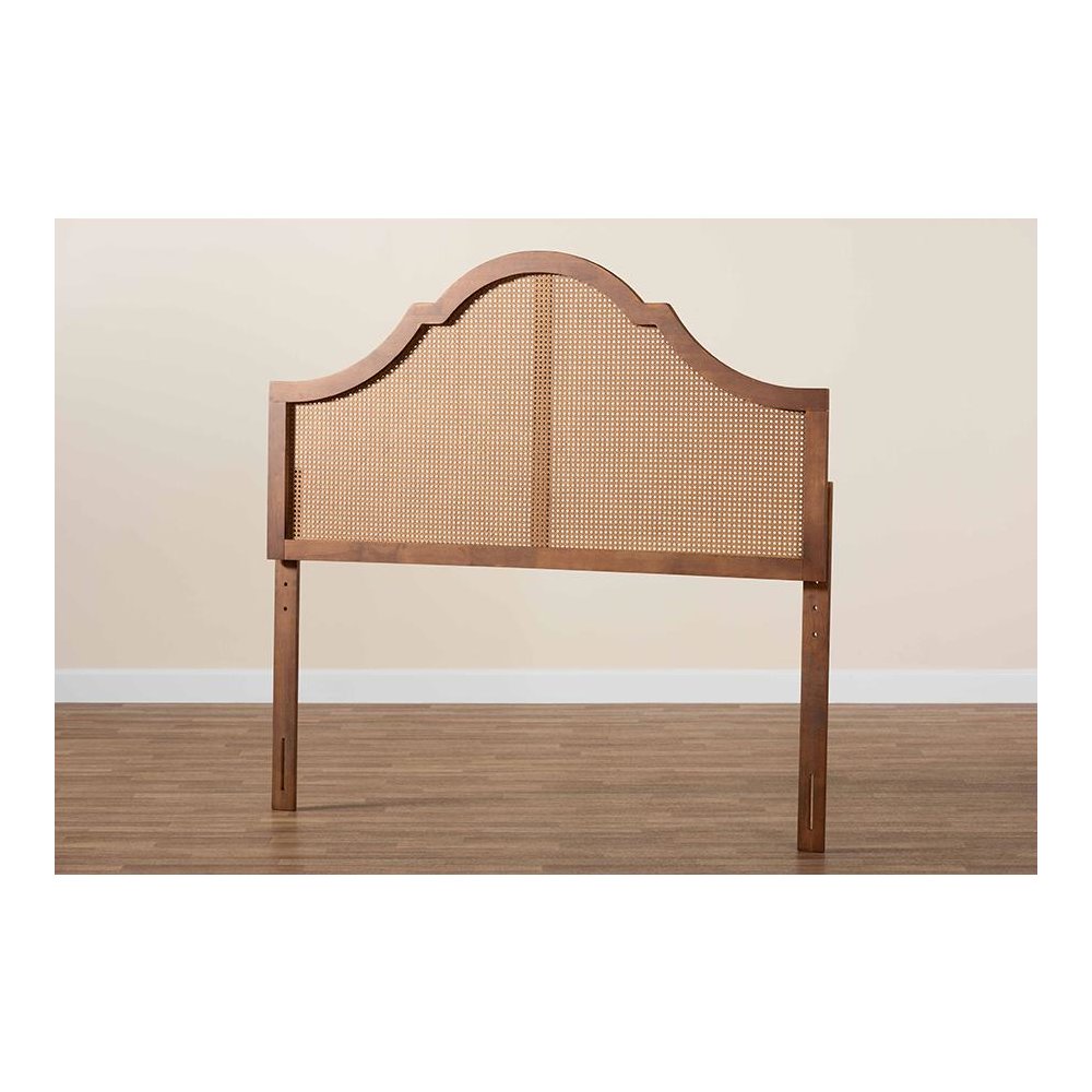 Traditional Ash Walnut Finished Wood Queen Size Headboard with Rattan