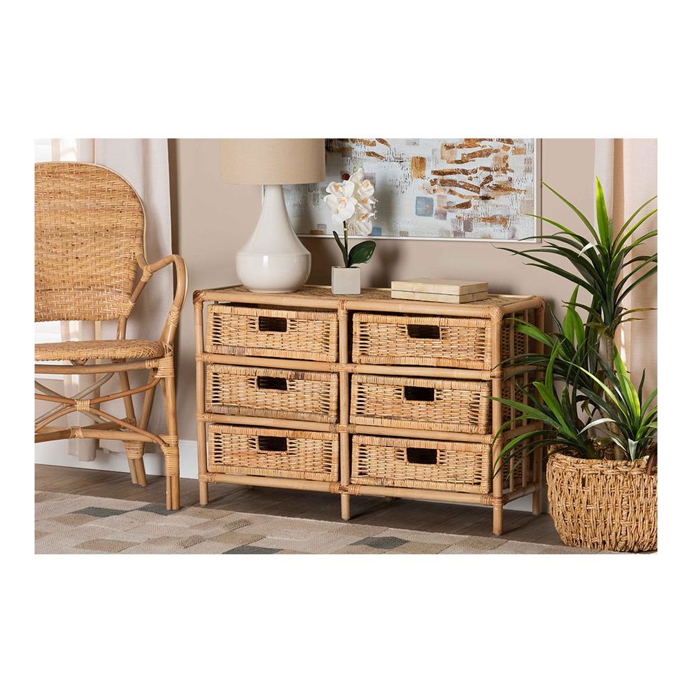 Bohemian Natural Brown Rattan 6-Drawer Storage Cabinet