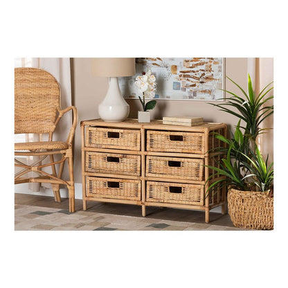 Bohemian Natural Brown Rattan 6-Drawer Storage Cabinet