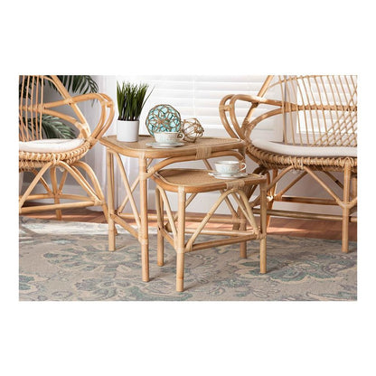 Bohemian Natural Brown Finished Rattan 2-Piece End Table Set