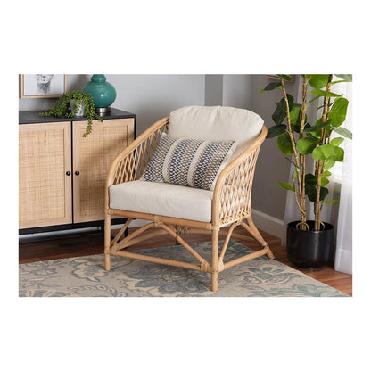 bali & pari Patsy Modern Bohemian White Fabric and Natural Brown Rattan Armchair