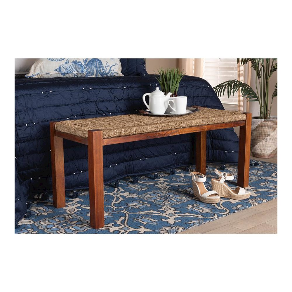 Transitional Natural Seagrass and Mahogany Wood Bench