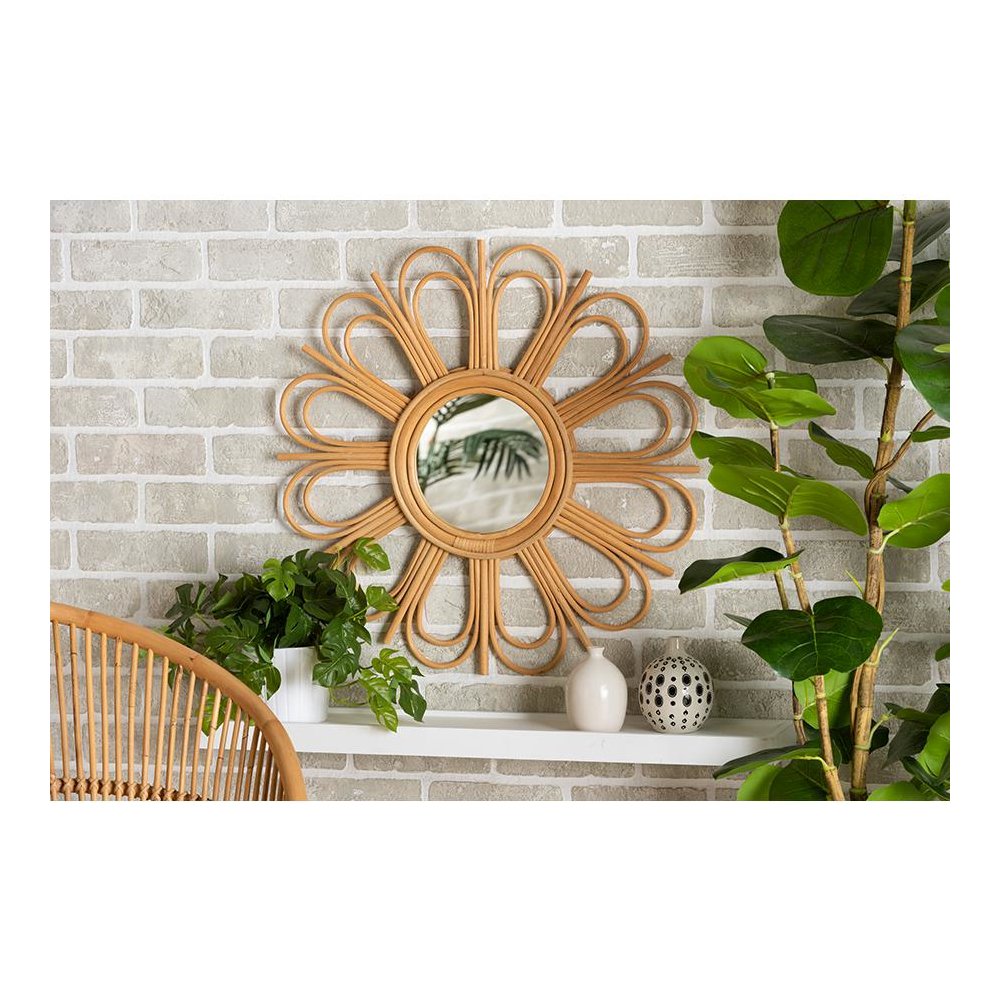 bali & pari Sakura Modern Bohemian Natural Brown Rattan Accent Wall Mirror